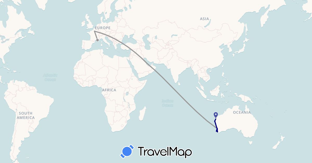 TravelMap itinerary: driving, plane, train, boat in Australia, France, Qatar (Asia, Europe, Oceania)